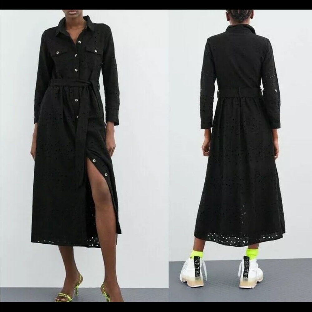 Zara Midi Kleid Lochstickerei Black Long Cut Wort Embroidery Dress XS